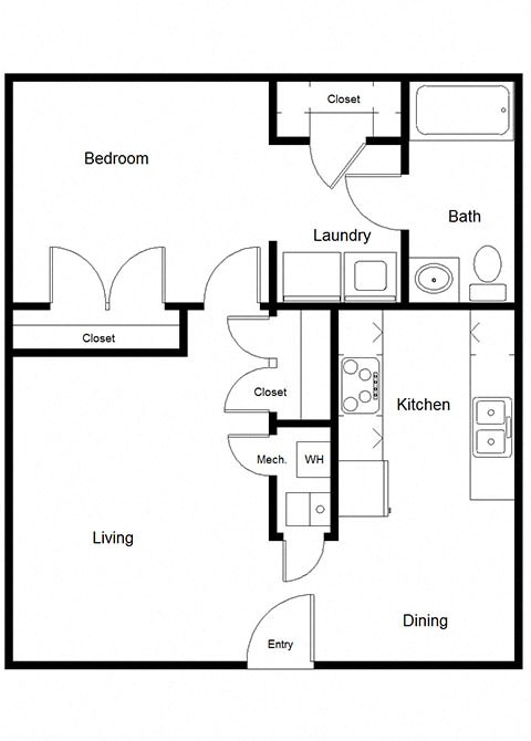 Floor plan for 1 bed, 1 bath, 656 sqft